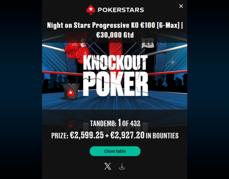 Три крупных заноса на счету бакалавра Ростика Tandem. Победа в Night on Stars Progressive KO за €100 от PokerStars увеличила его банкролл на €5.526.