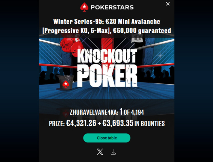 Победителем Mini Avalanche за €20 стал бакалавр и преподаватель Иван ZhuravelVane4ka. Его выигрыш составил €8.014.