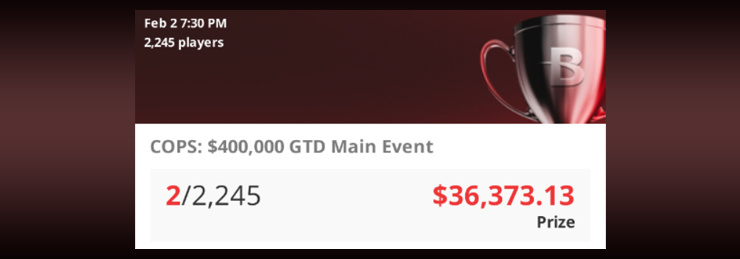 На верхней строчке чарта заносов первой половины февраля расположился магистр Анатолий f14. Второе место в COPS: $400.000 GTD Main Event принесло ему $36.373 призовых.