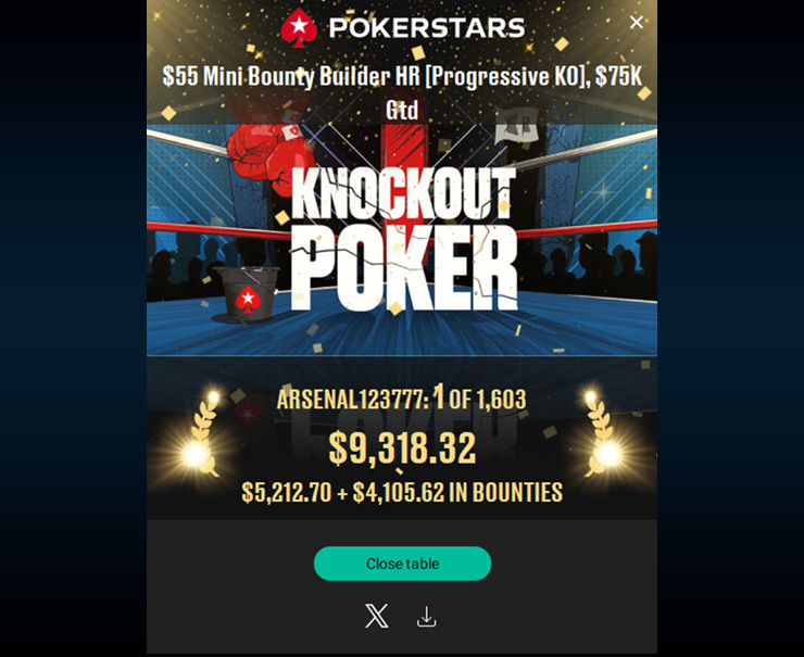 В турнире на PokerStars Сергей Arsenal123777 выиграл $9к